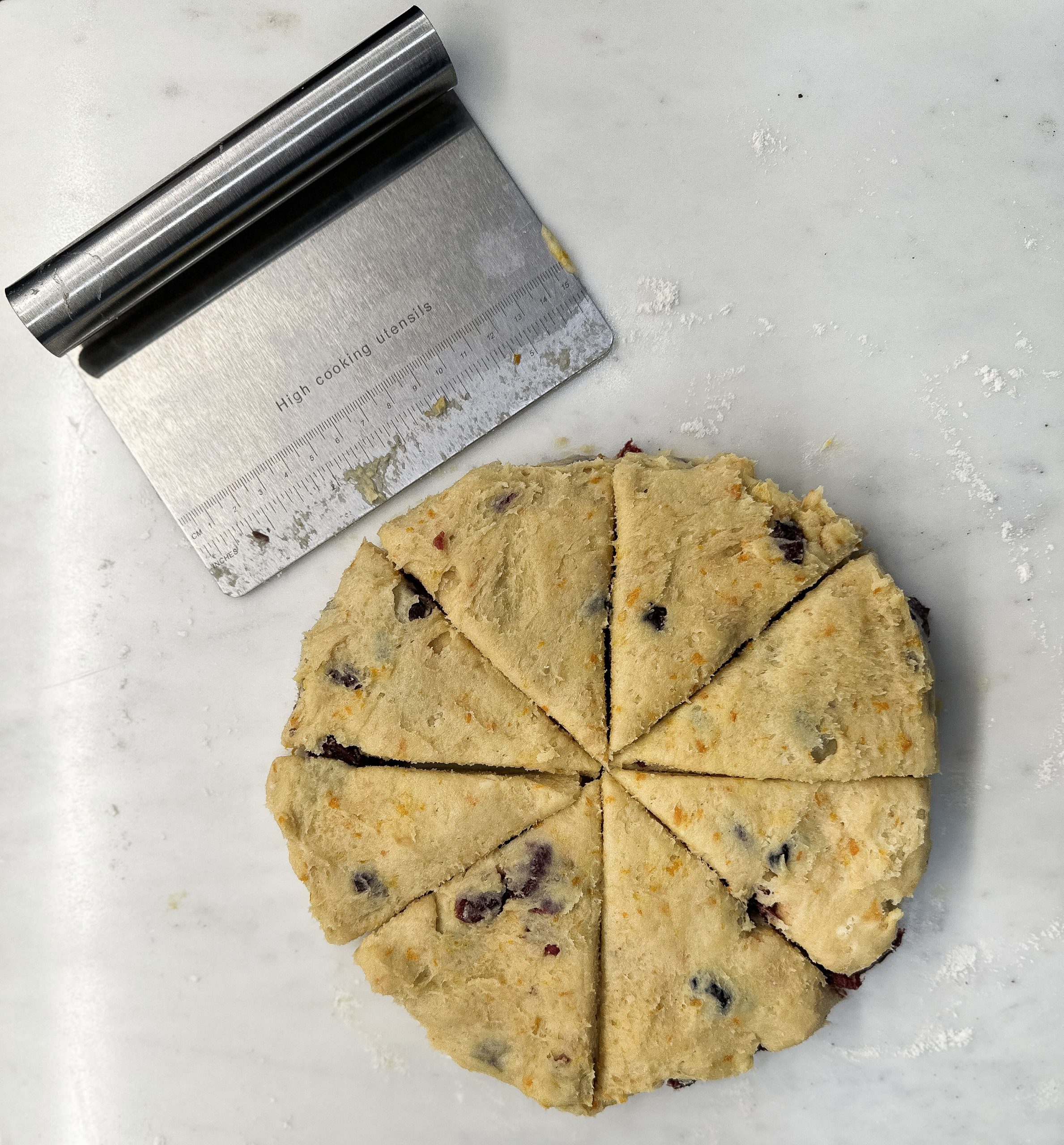 A round disk of cranberry orange scone dough is neatly cut into eight triangular wedges, ready for baking. The dough shows visible flecks of orange zest and bits of cranberries. Next to the dough is a metal bench scraper with a ruler on the edge, which was used to make clean, precise cuts. The dough is on a lightly floured surface, creating a clean and organized workspace for preparing the scones.